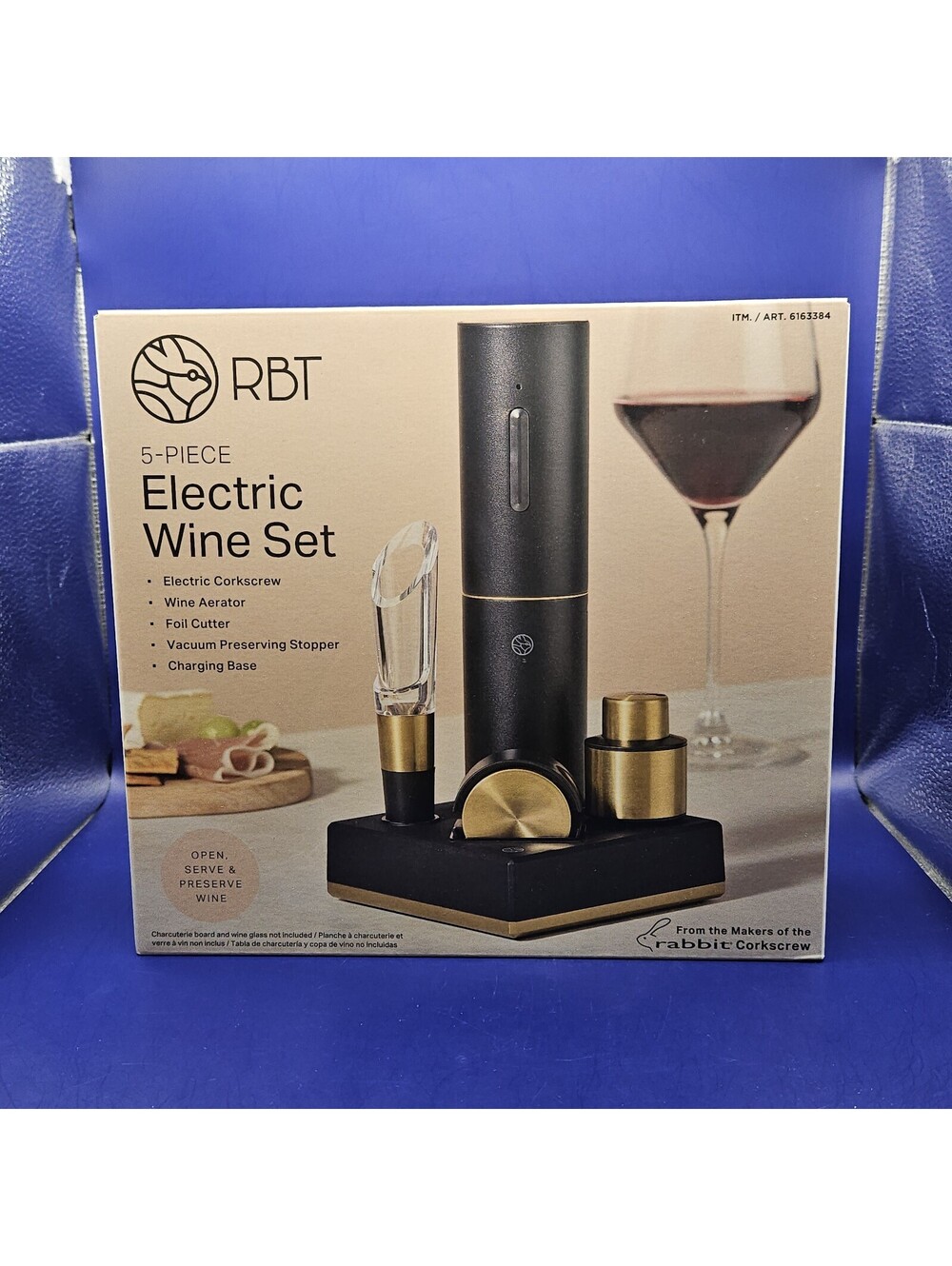 New RBT 5-Piece Electric Wine Aerator & Corkscrew Set Black & Gold